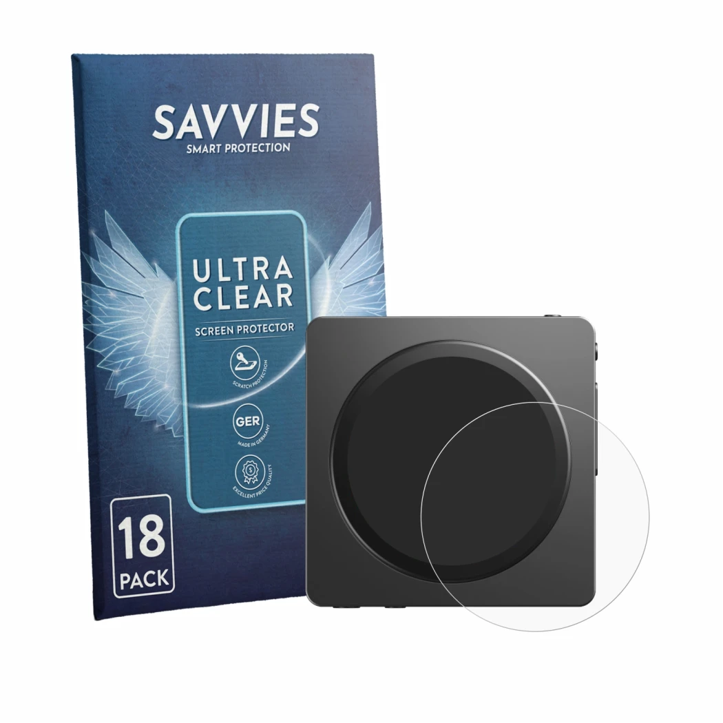 Front side of a product packaging with the brand logo Savvies. Next to it is the device FiiO SnowSky Disc shown with the corre
