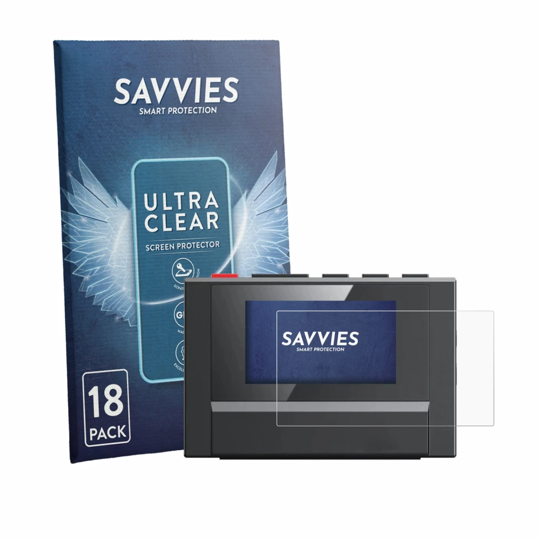 Front side of a product packaging with the brand logo Savvies. Next to it is the device FiiO SnowSky Echo Mini shown with the 