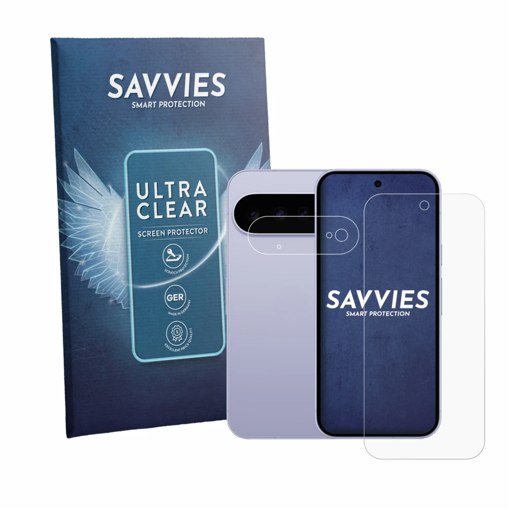 Front side of a product packaging with the brand logo Savvies. Next to it is the device Google Pixel 11 (Front+Camera) shown w