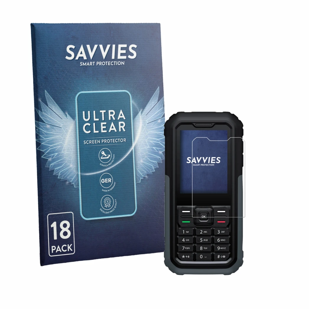Front side of a product packaging with the brand logo Savvies. Next to it is the device TCL OneTouch 5044 shown with the corre