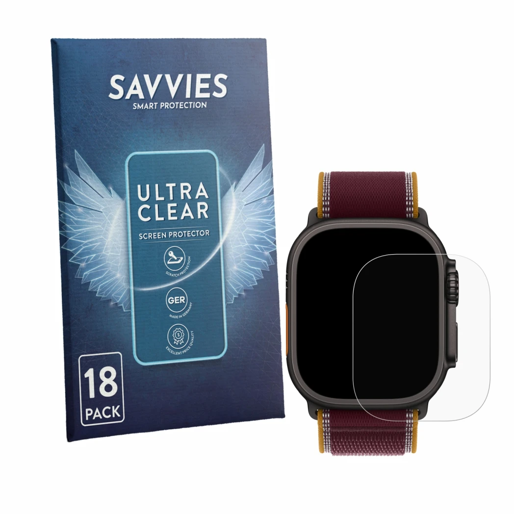 Front side of a product packaging with the brand logo Savvies. Next to it is the device Apple Watch Ultra 4 (49 mm) shown with