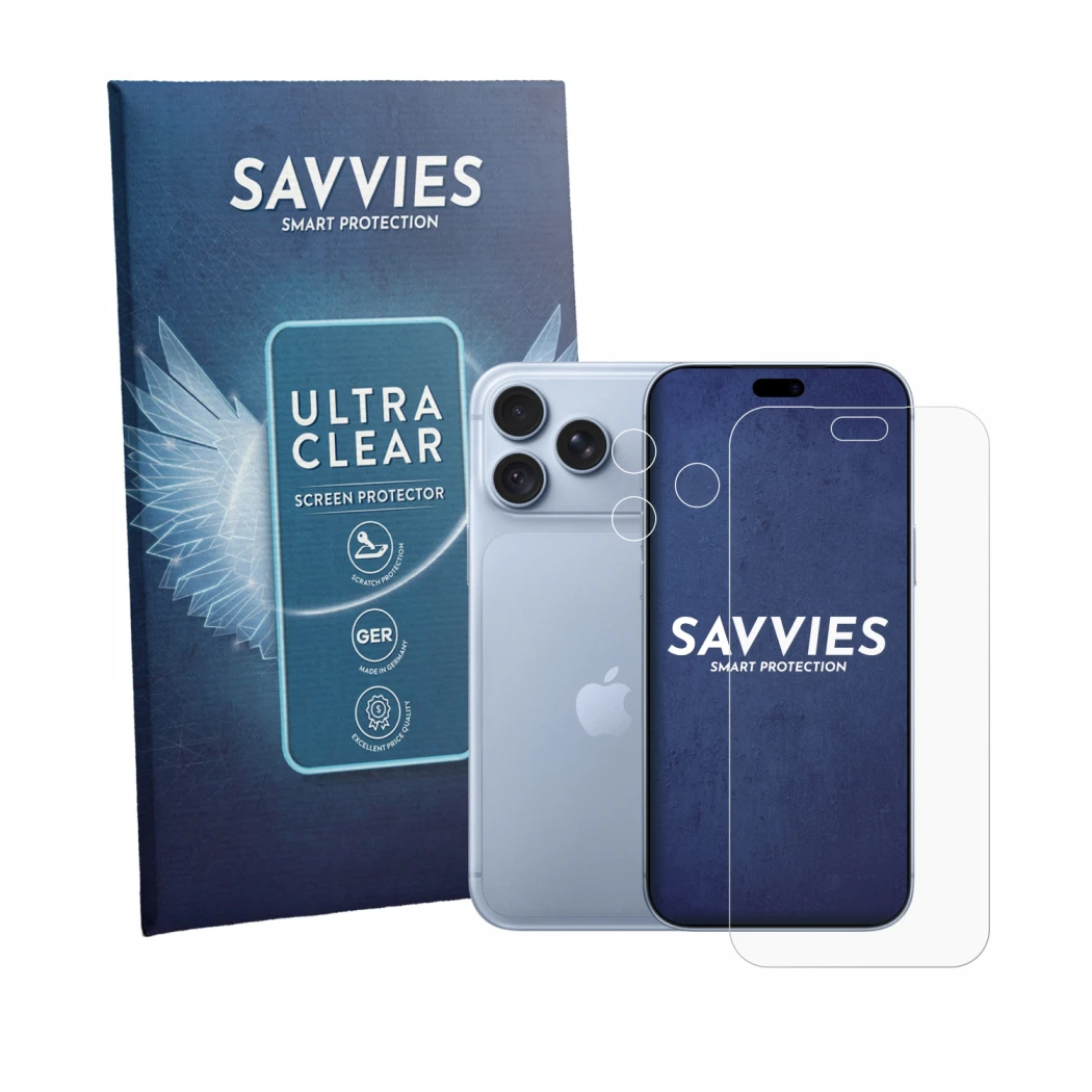 Front side of a product packaging with the brand logo Savvies. Next to it is the device Apple iPhone 18 Pro Max (Front+Camera)