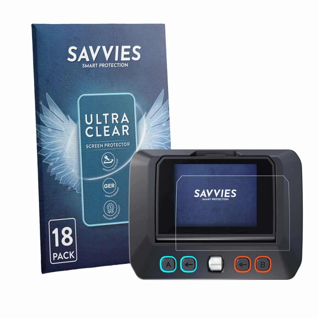 Front side of a product packaging with the brand logo Savvies. Next to it is the device SkyRc D8neo shown with the correspondi