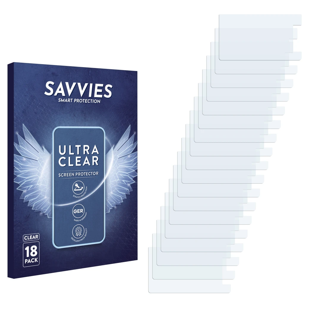 Front side of a product packaging with the brand logo Savvies. Next to it is the corresponding screen protector.