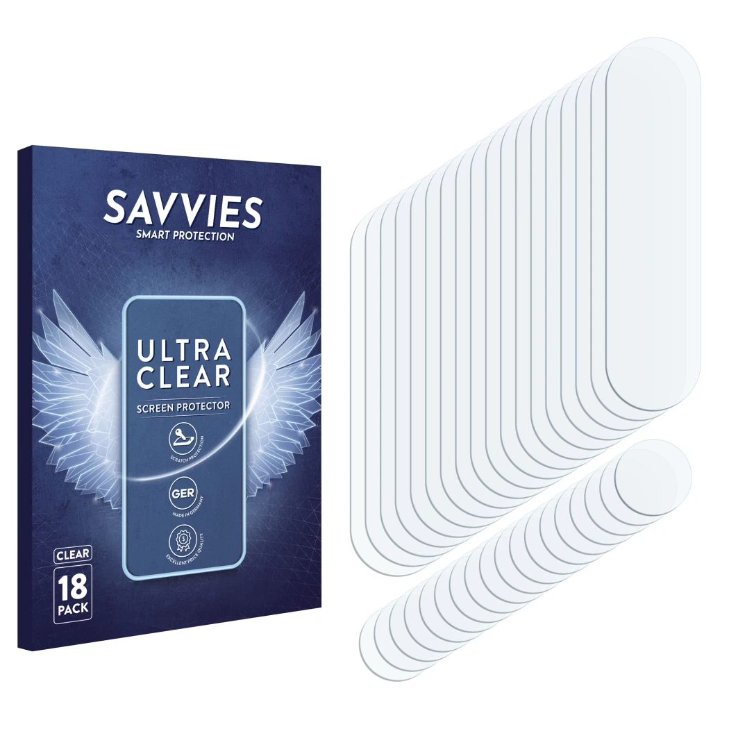 Front side of a product packaging with the brand logo Savvies. Next to it is the corresponding screen protector.