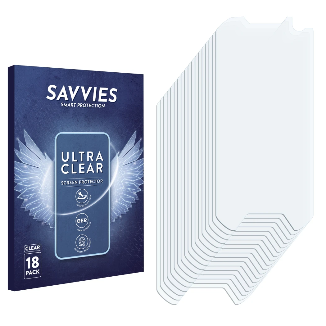 Front side of a product packaging with the brand logo Savvies. Next to it is the corresponding screen protector.