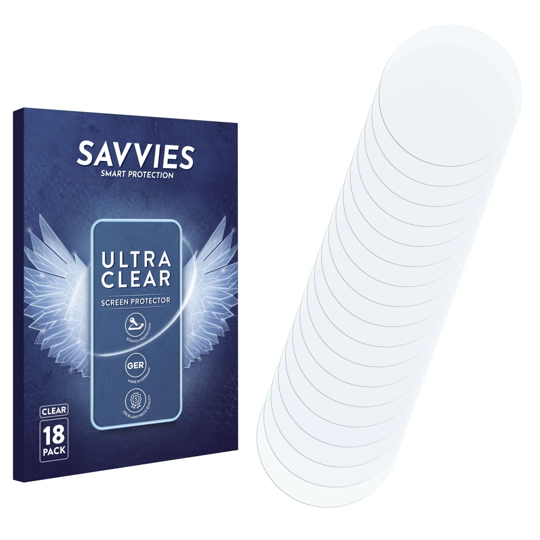 Front side of a product packaging with the brand logo Savvies. Next to it is the corresponding screen protector.