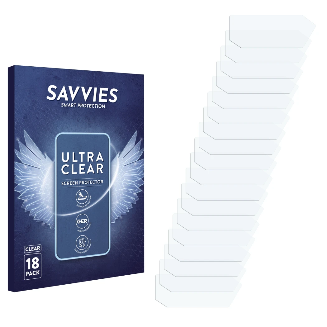 Front side of a product packaging with the brand logo Savvies. Next to it is the corresponding screen protector.