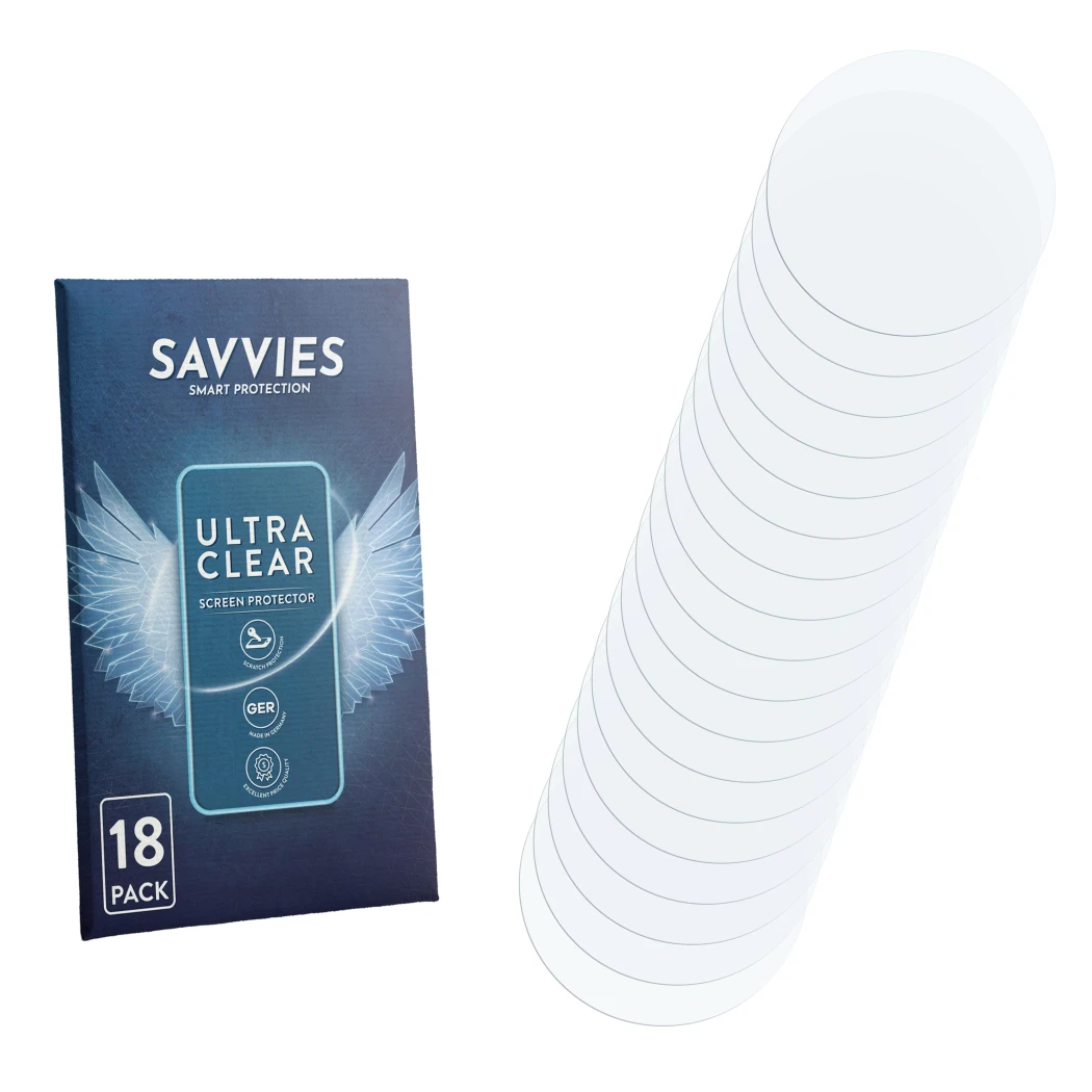 Front side of a product packaging with the brand logo Savvies. Next to it is the corresponding screen protector.
