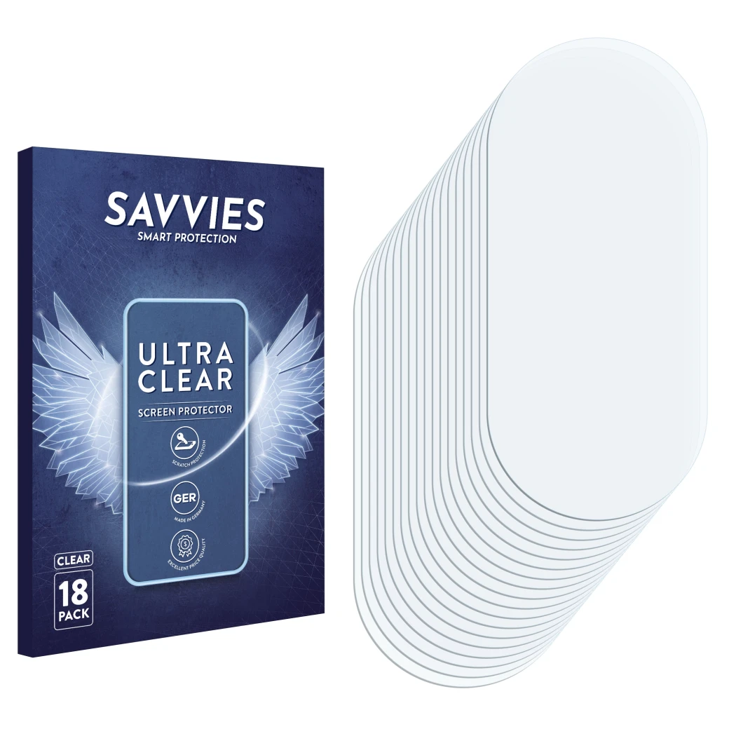 Front side of a product packaging with the brand logo Savvies. Next to it is the corresponding screen protector.