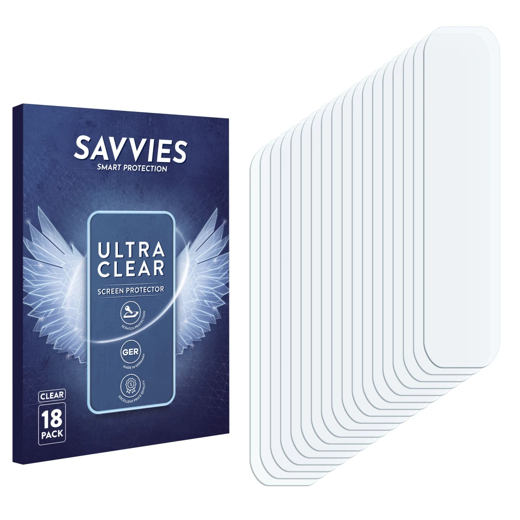 Front side of a product packaging with the brand logo Savvies. Next to it is the corresponding screen protector.