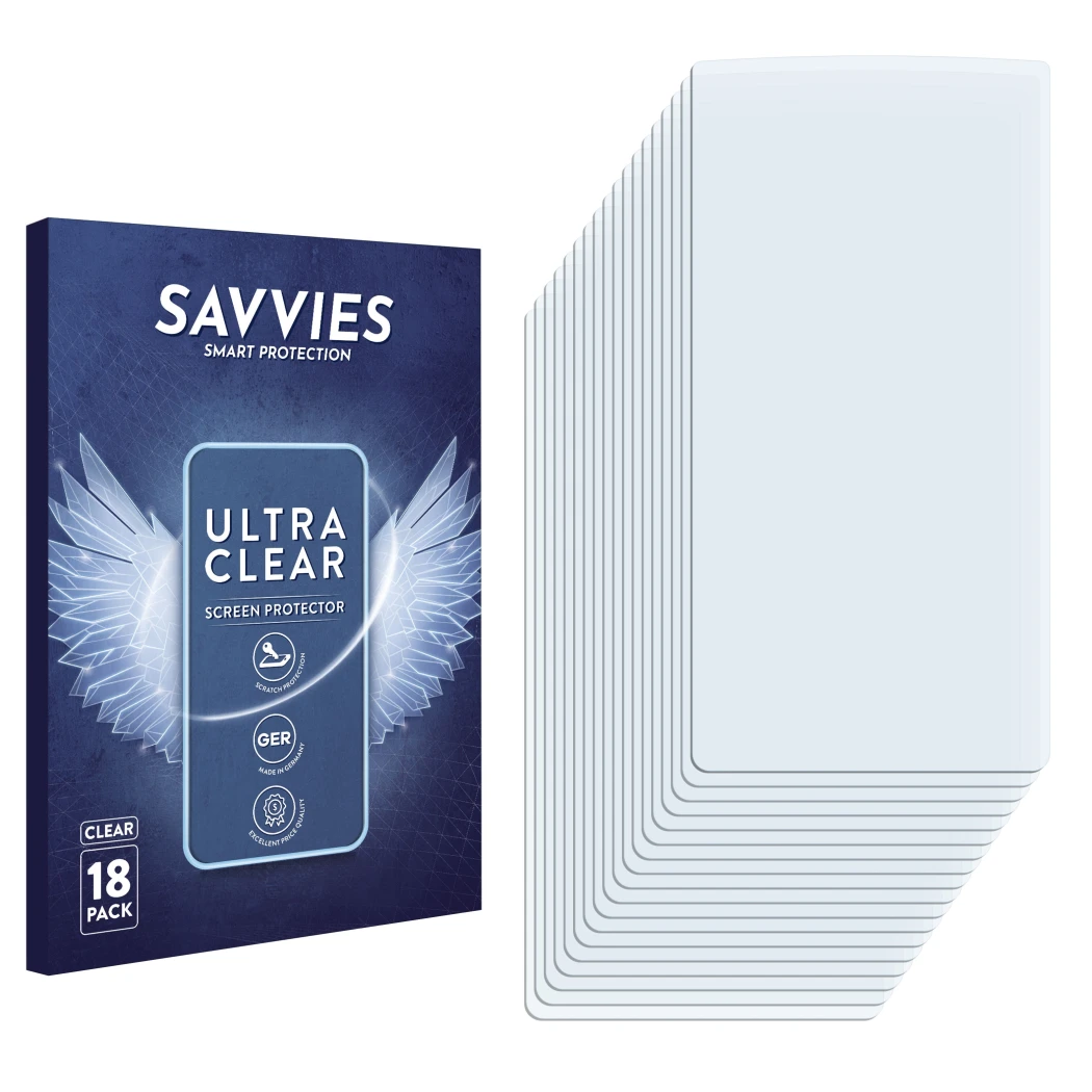Front side of a product packaging with the brand logo Savvies. Next to it is the corresponding screen protector.