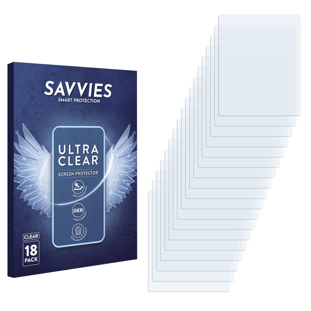 Front side of a product packaging with the brand logo Savvies. Next to it is the corresponding screen protector.