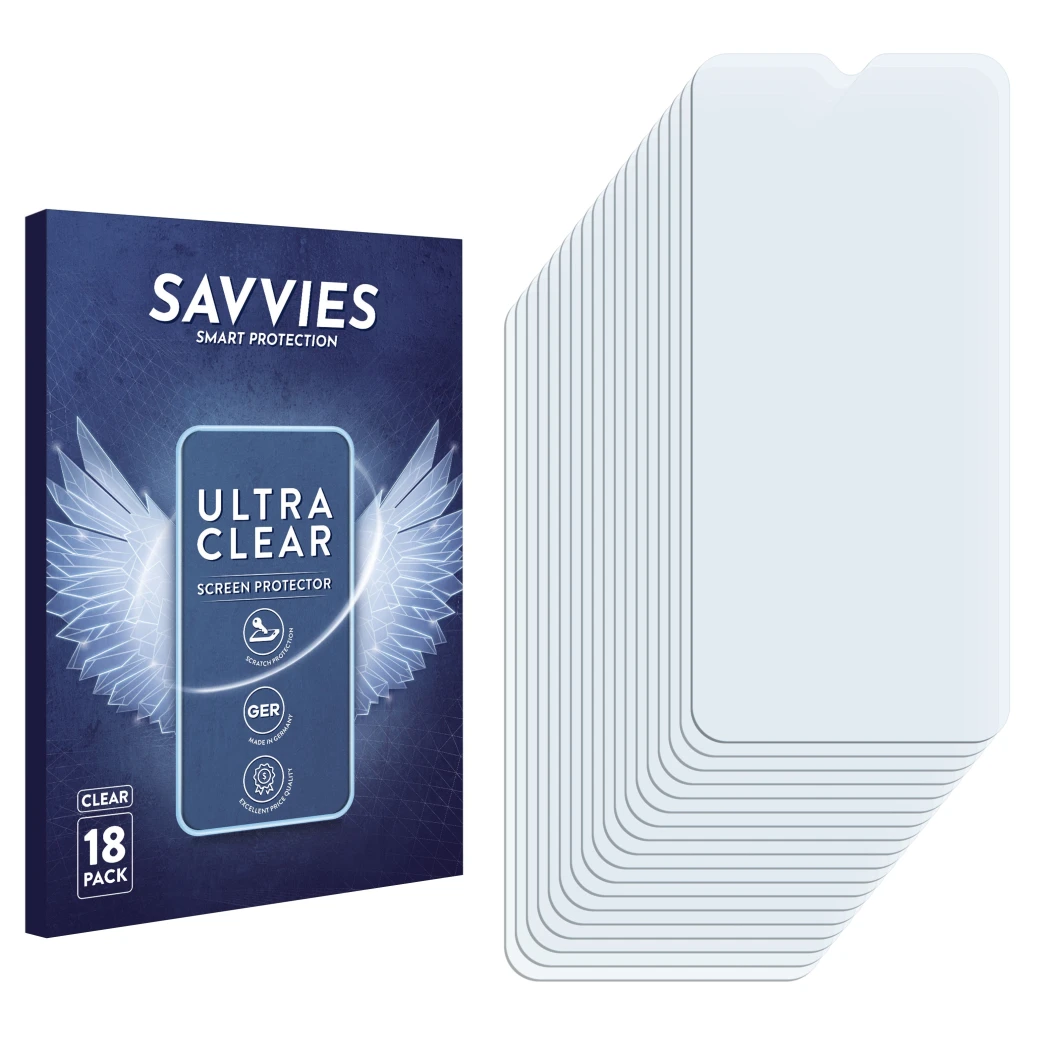 Front side of a product packaging with the brand logo Savvies. Next to it is the corresponding screen protector.