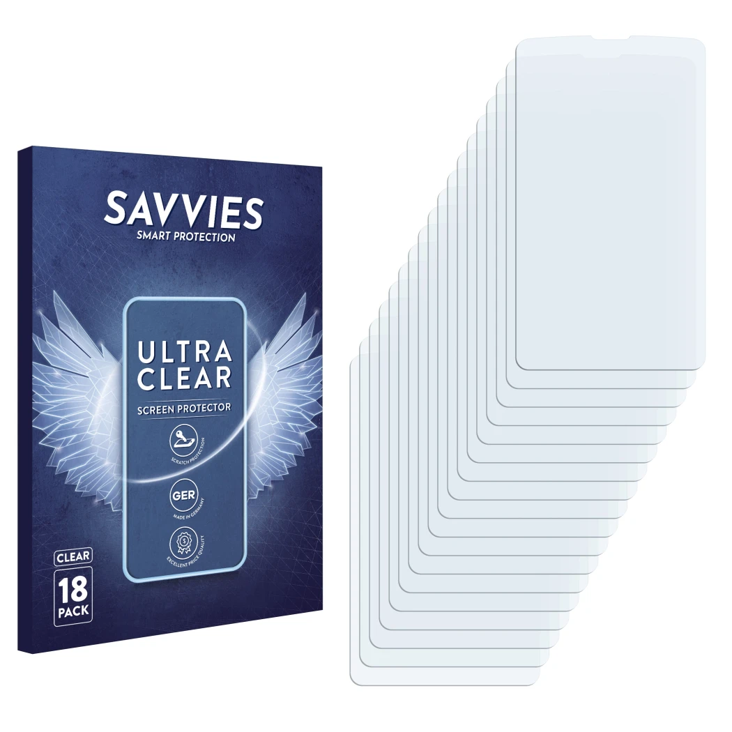 Front side of a product packaging with the brand logo Savvies. Next to it is the corresponding screen protector.