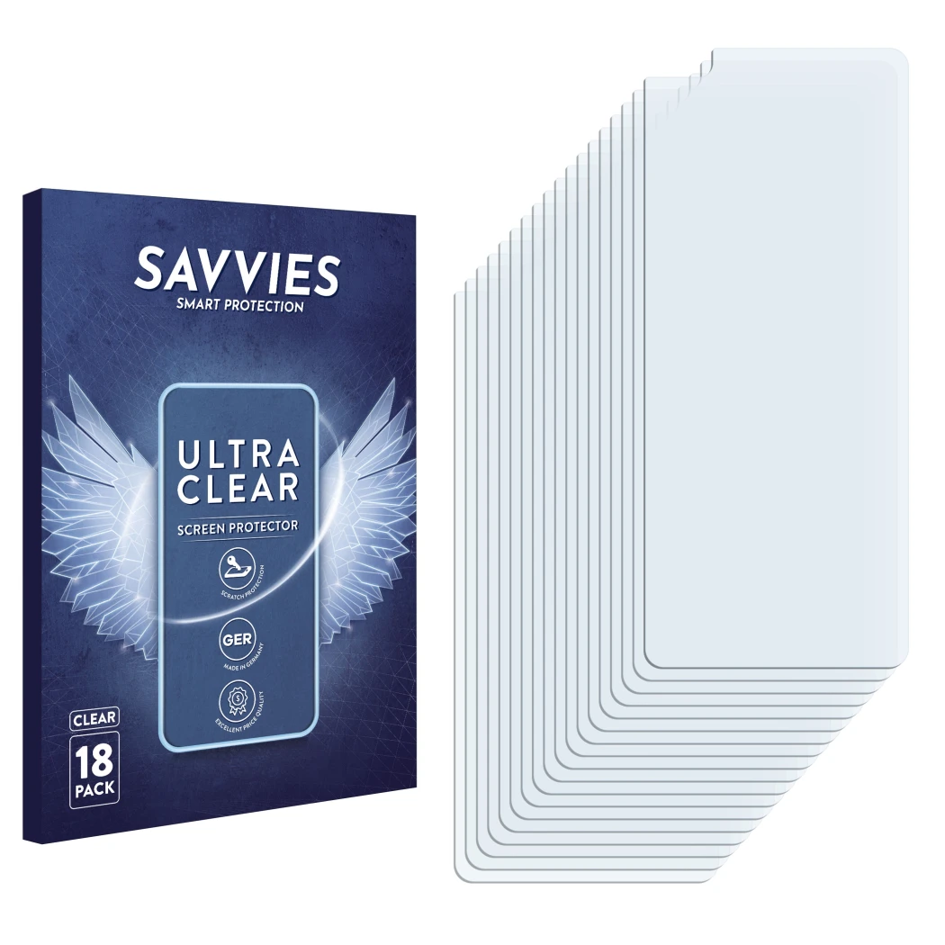 Front side of a product packaging with the brand logo Savvies. Next to it is the corresponding screen protector.
