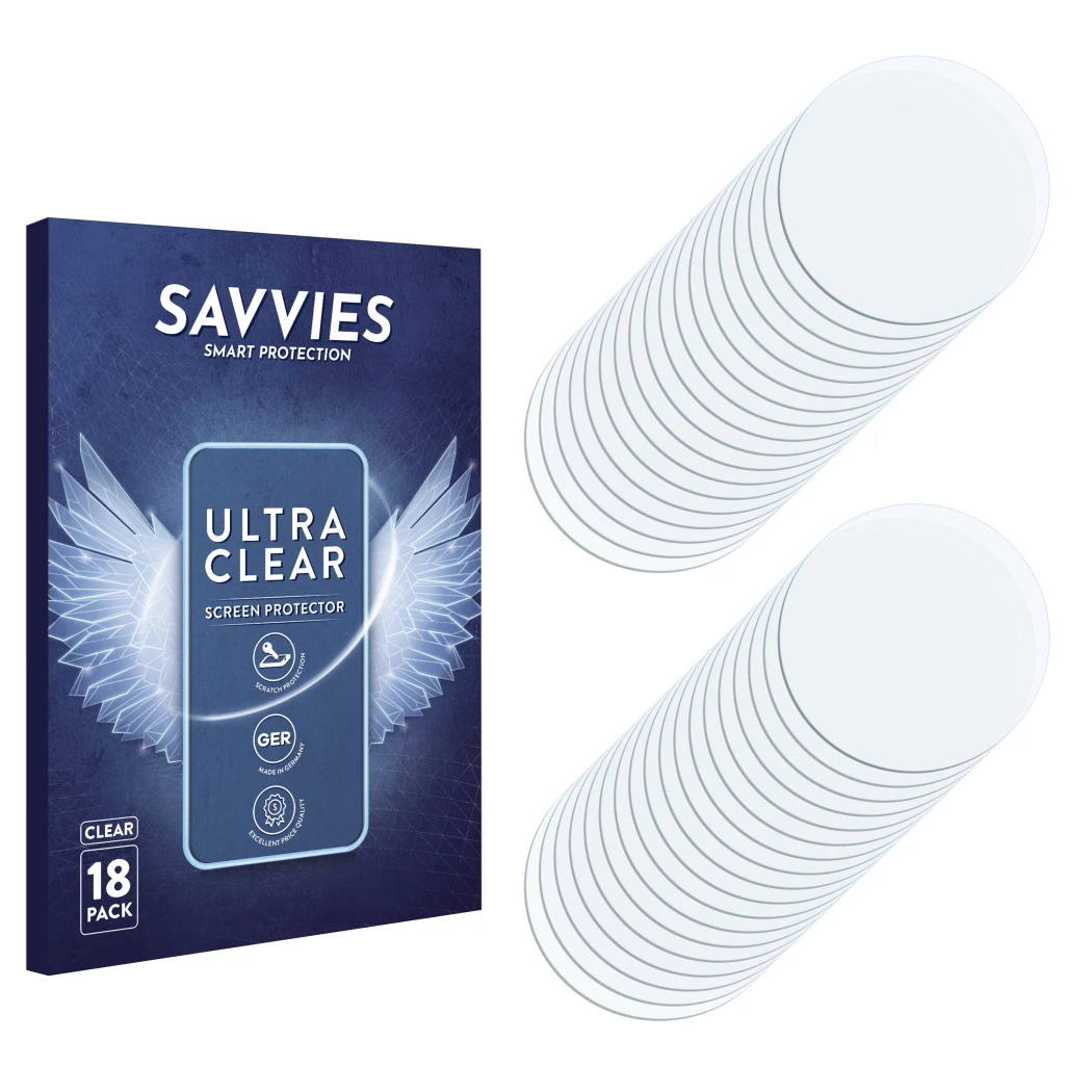 Front side of a product packaging with the brand logo Savvies. Next to it is the corresponding screen protector.