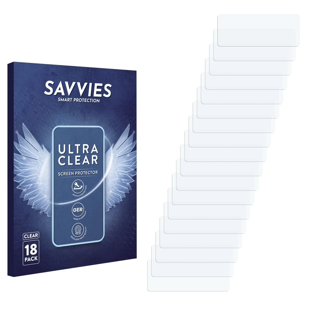 Front side of a product packaging with the brand logo Savvies. Next to it is the corresponding screen protector.