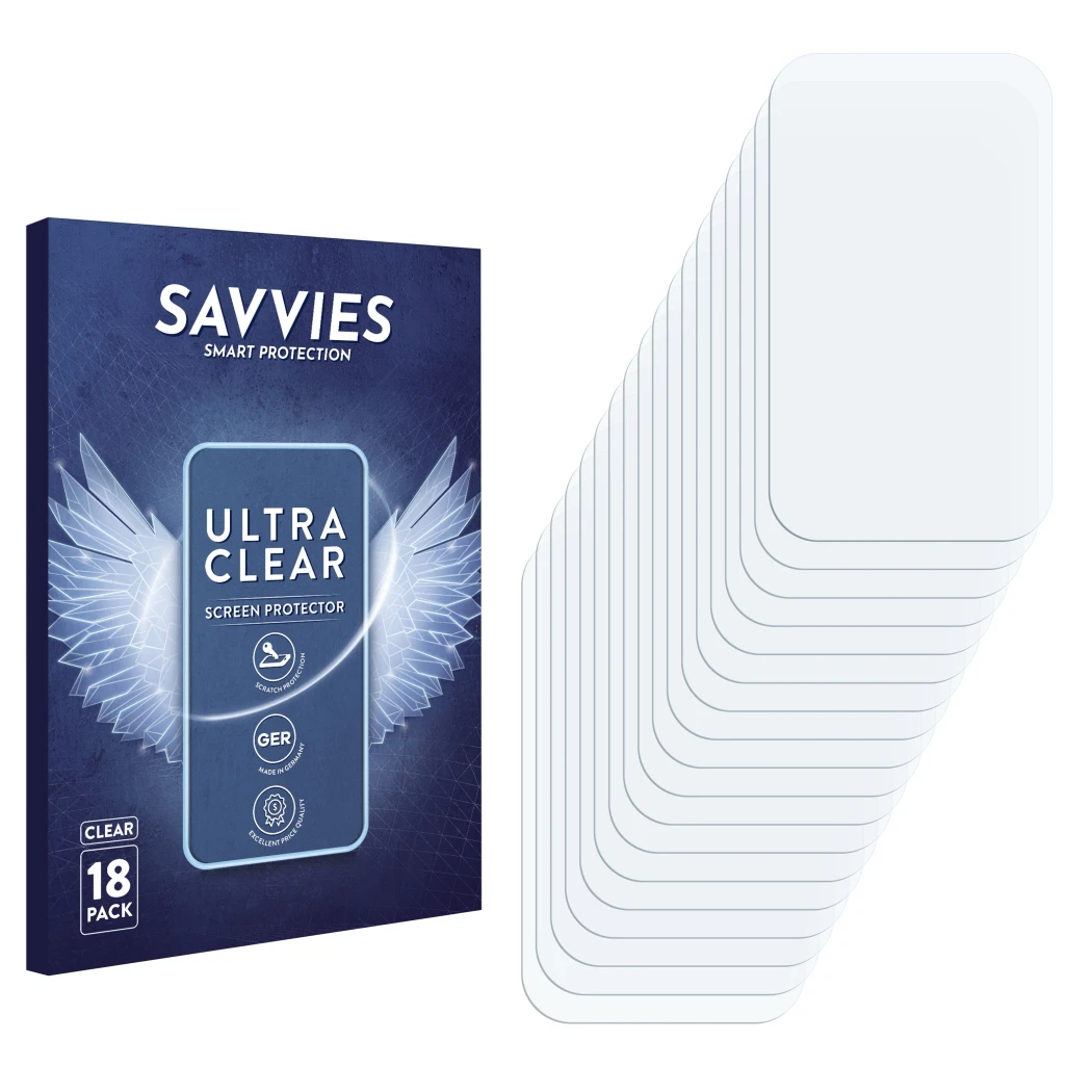 Front side of a product packaging with the brand logo Savvies. Next to it is the corresponding screen protector.