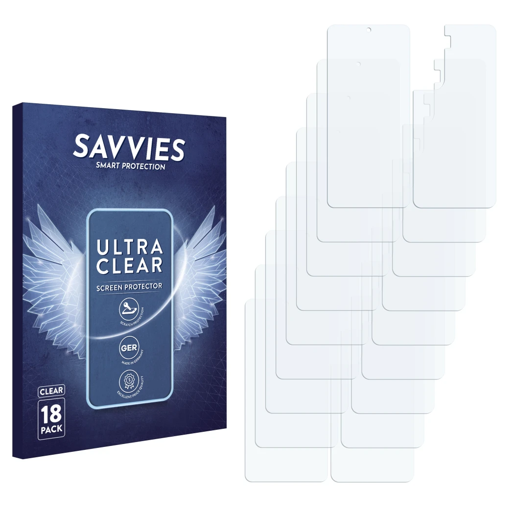 Front side of a product packaging with the brand logo Savvies. Next to it is the corresponding screen protector.