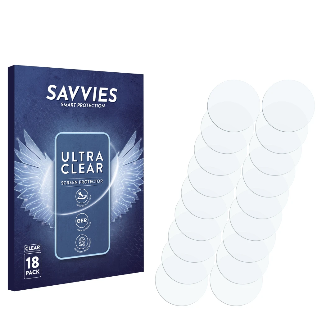 Front side of a product packaging with the brand logo Savvies. Next to it is the corresponding screen protector.