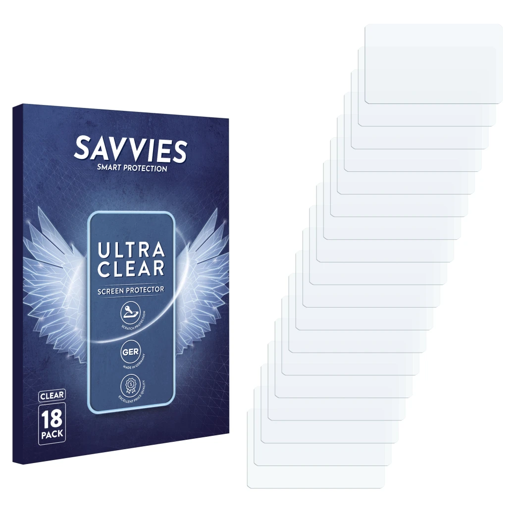 Front side of a product packaging with the brand logo Savvies. Next to it is the corresponding screen protector.