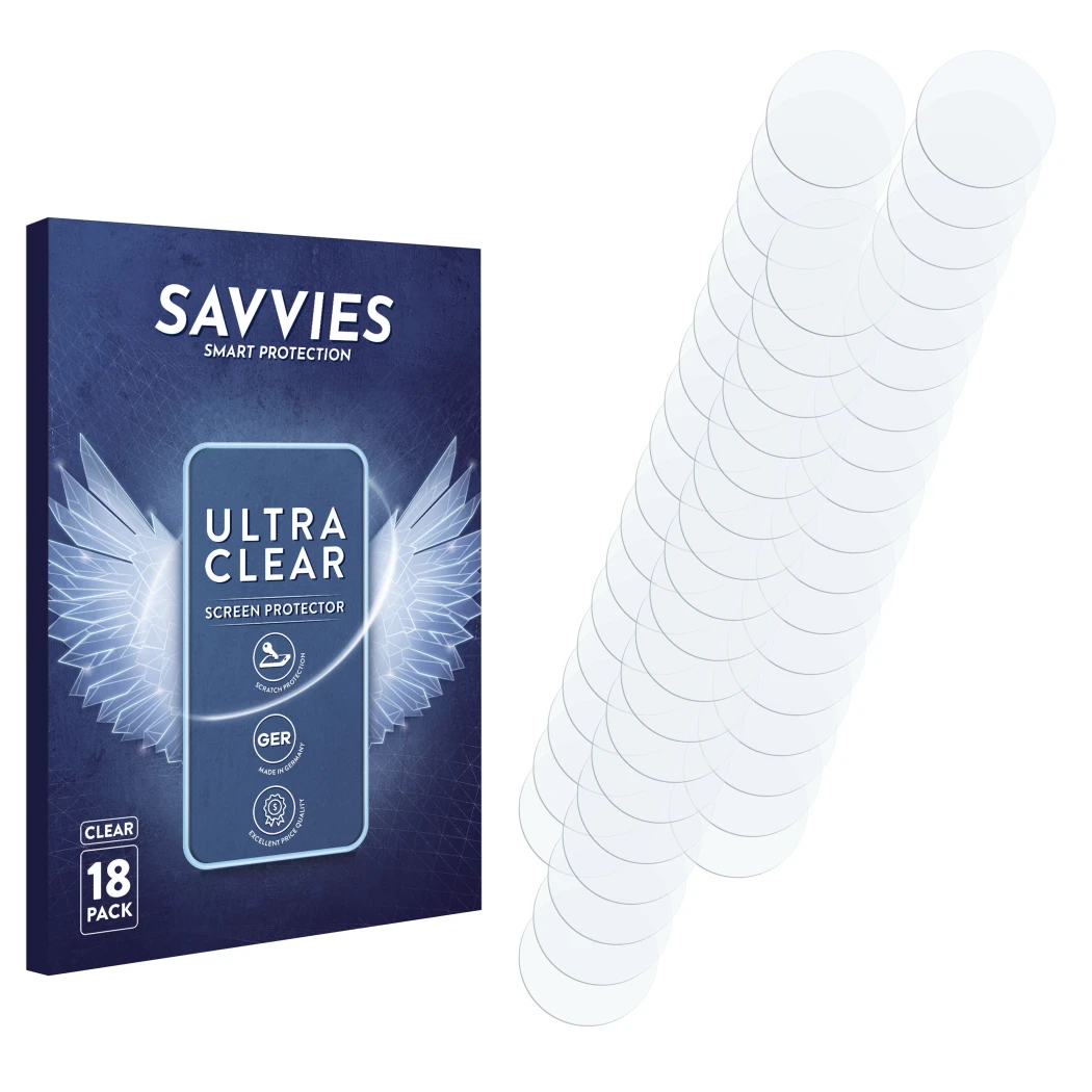 Front side of a product packaging with the brand logo Savvies. Next to it is the corresponding screen protector.