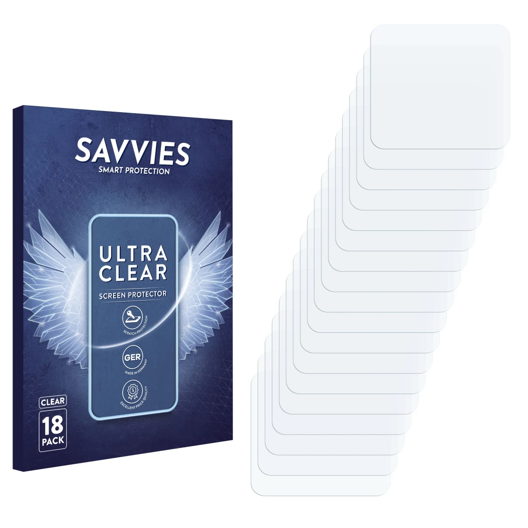 Front side of a product packaging with the brand logo Savvies. Next to it is the corresponding screen protector.