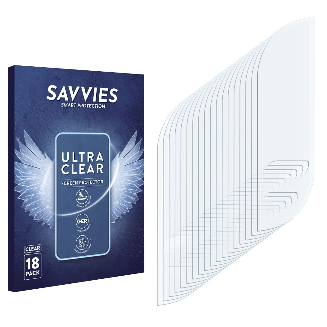 Front side of a product packaging with the brand logo Savvies. Next to it is the corresponding screen protector.
