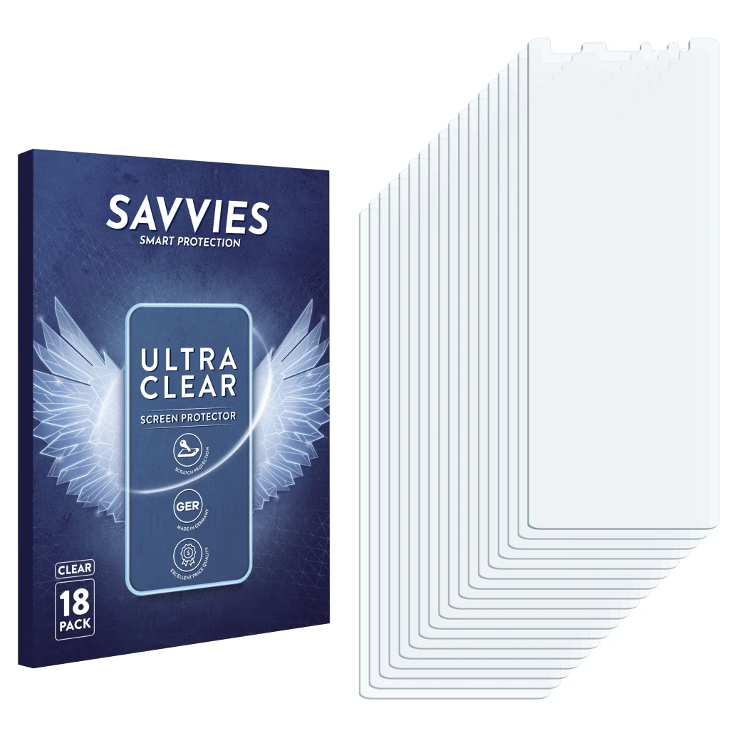Front side of a product packaging with the brand logo Savvies. Next to it is the corresponding screen protector.