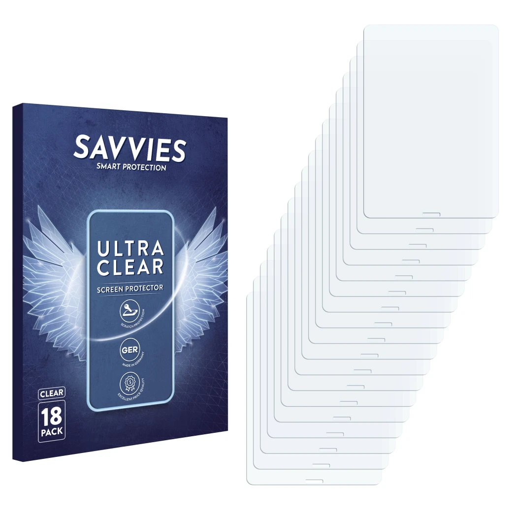 Front side of a product packaging with the brand logo Savvies. Next to it is the corresponding screen protector.