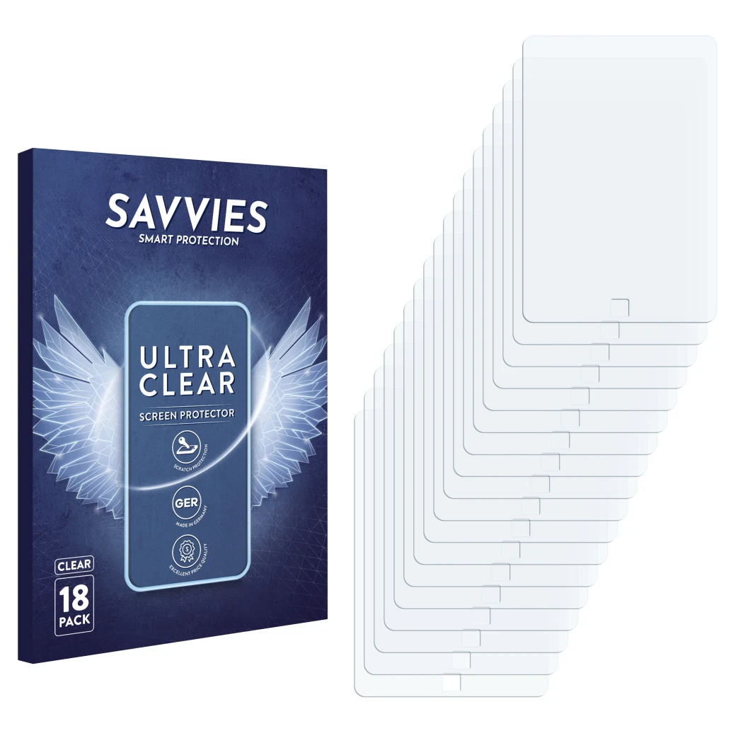 Front side of a product packaging with the brand logo Savvies. Next to it is the corresponding screen protector.