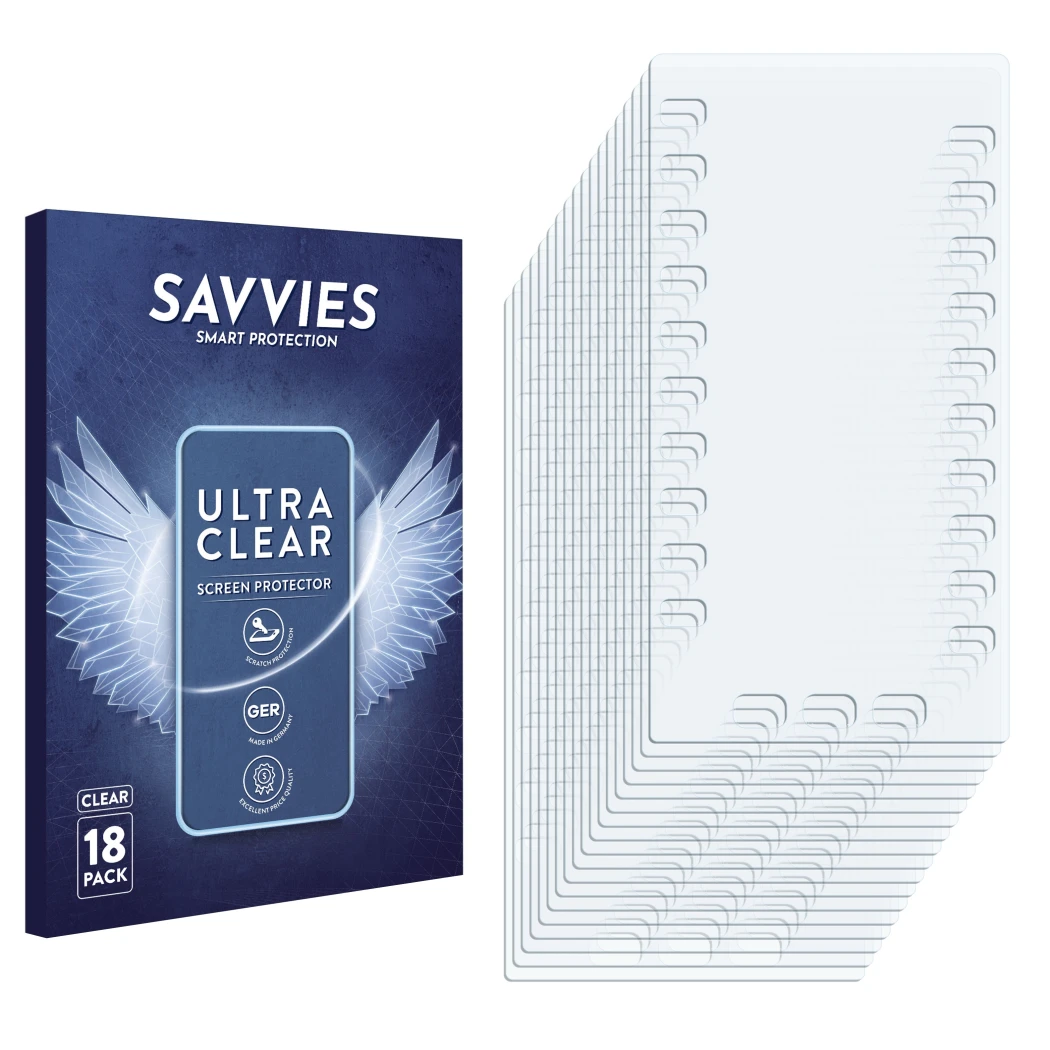 Front side of a product packaging with the brand logo Savvies. Next to it is the corresponding screen protector.