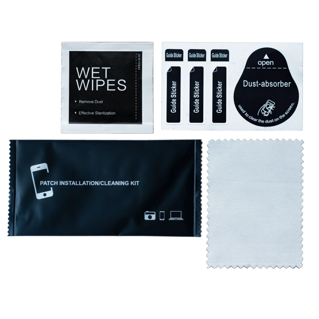 Components of the accessory set including cleaning and microfiber cloth.