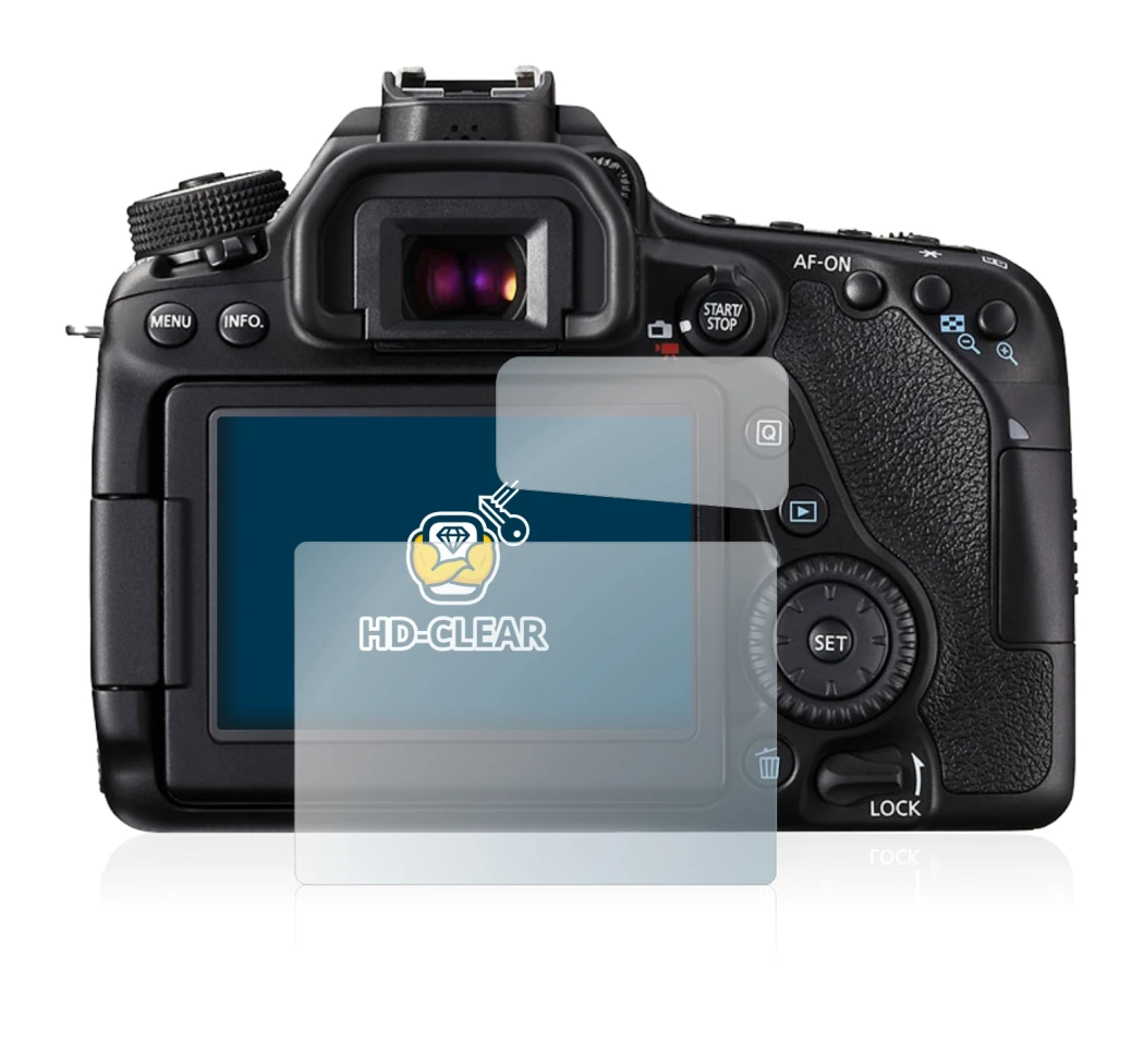 Image of the device Canon EOS 80D with a wide variety of screen protectors.