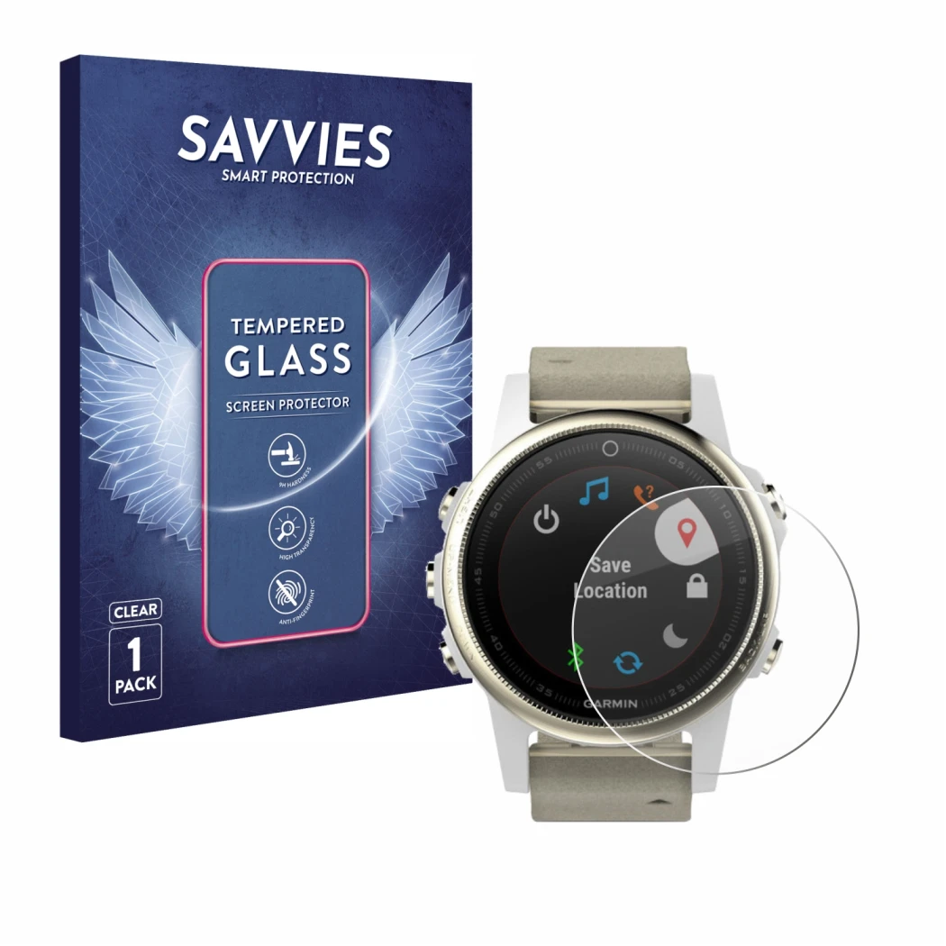 Front side of a product packaging with the brand logo Savvies. Next to it is the device Garmin Fenix 5S (42 mm) shown with the
