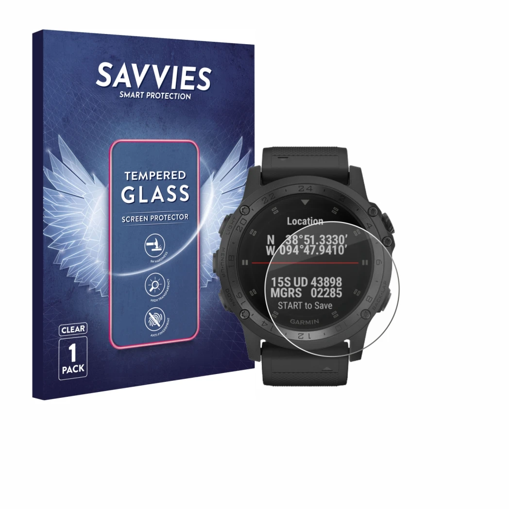 Front side of a product packaging with the brand logo Savvies. Next to it is the device Garmin Tactix Charlie shown with the c