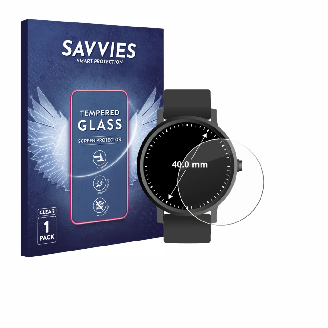 Front side of a product packaging with the brand logo Savvies. Next to it is the device Circular Displays (ø: 40 mm) shown wit