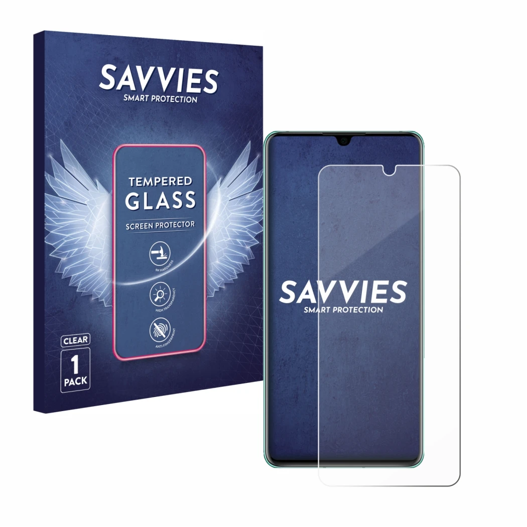 Front side of a product packaging with the brand logo Savvies. Next to it is the device Huawei P30 shown with the correspondin