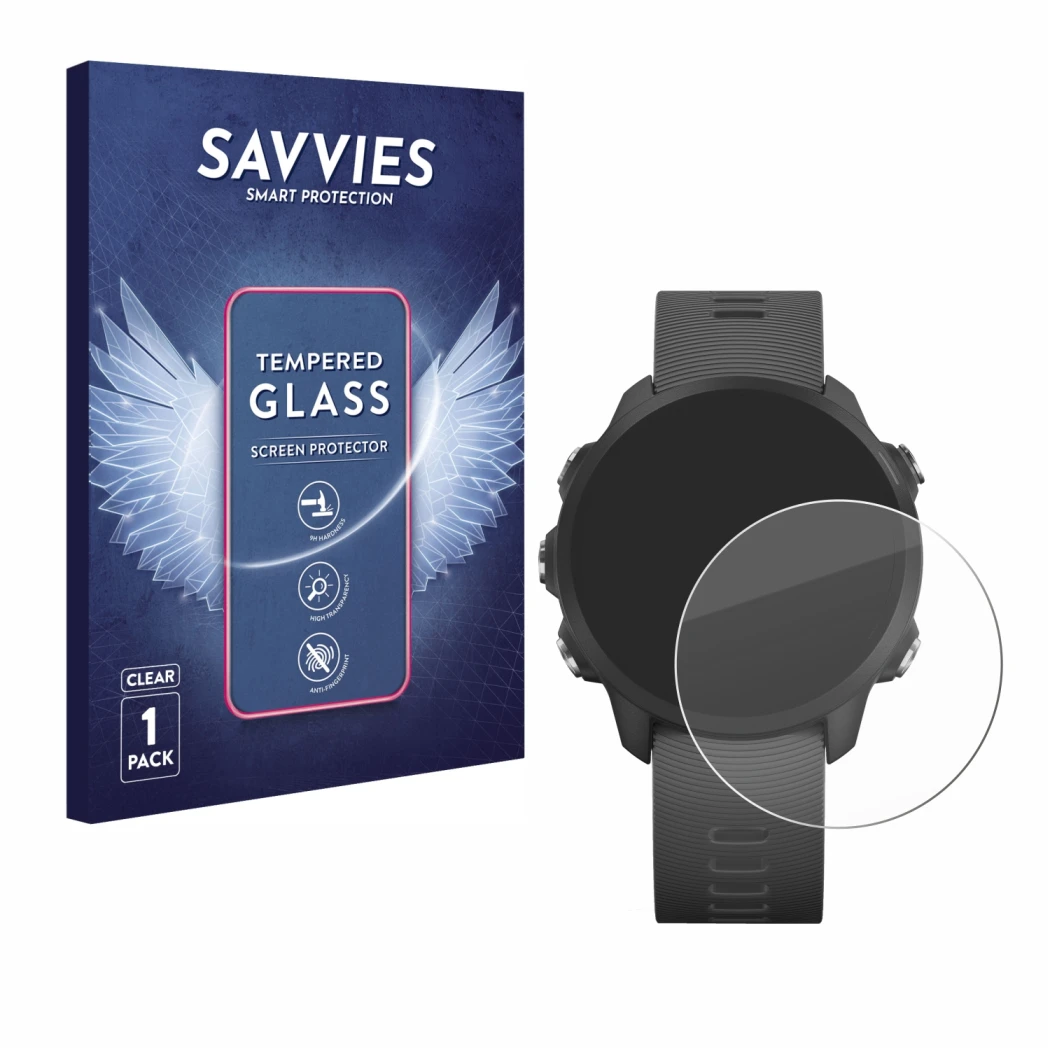 Front side of a product packaging with the brand logo Savvies. Next to it is the device Garmin Forerunner 245 Music shown with