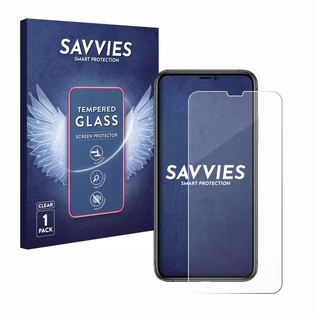 Front side of a product packaging with the brand logo Savvies. Next to it is the device Apple iPhone 11 Pro Max shown with the
