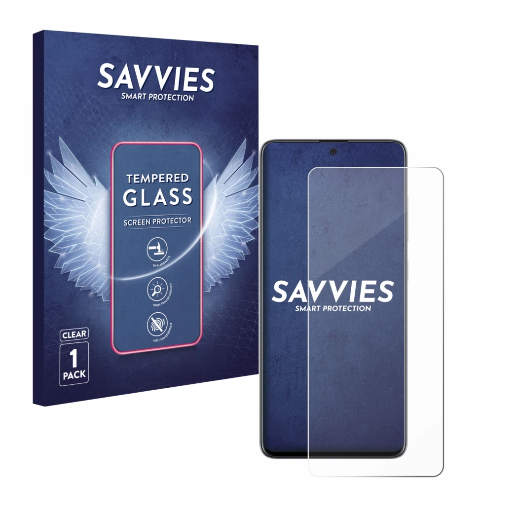 Front side of a product packaging with the brand logo Savvies. Next to it is the device Samsung Galaxy A51 shown with the corr