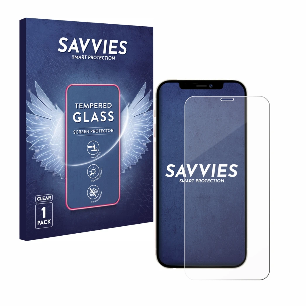 Front side of a product packaging with the brand logo Savvies. Next to it is the device Apple iPhone 12 shown with the corresp