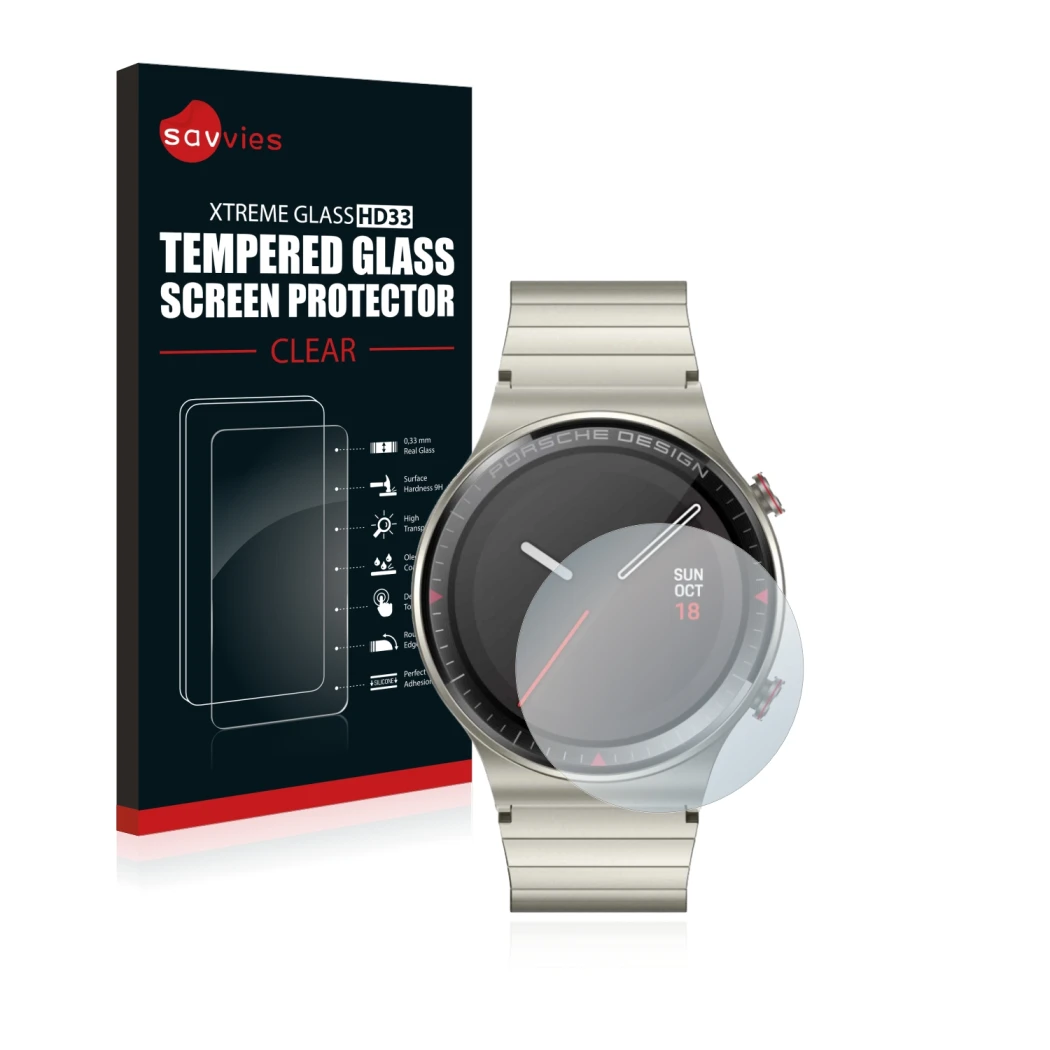 Front side of a product packaging with the brand logo Savvies. Next to it is the device Huawei Watch GT 2 Porsche Design shown