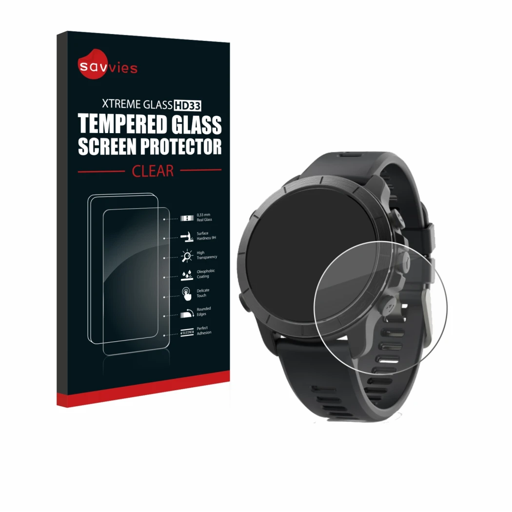 Front side of a product packaging with the brand logo Savvies. Next to it is the device Wahoo Elemnt Rival shown with the corr