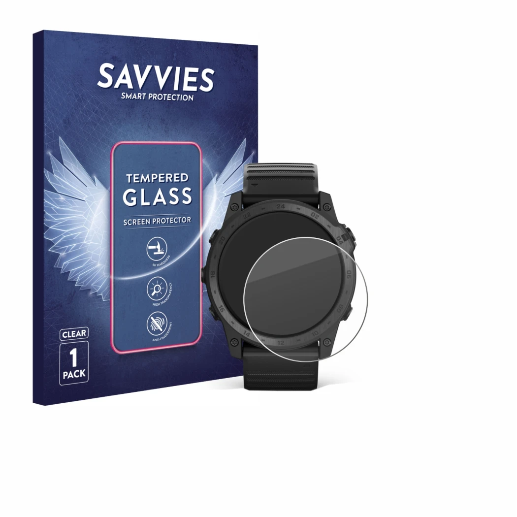 Front side of a product packaging with the brand logo Savvies. Next to it is the device Garmin Tactix 7 Pro shown with the cor