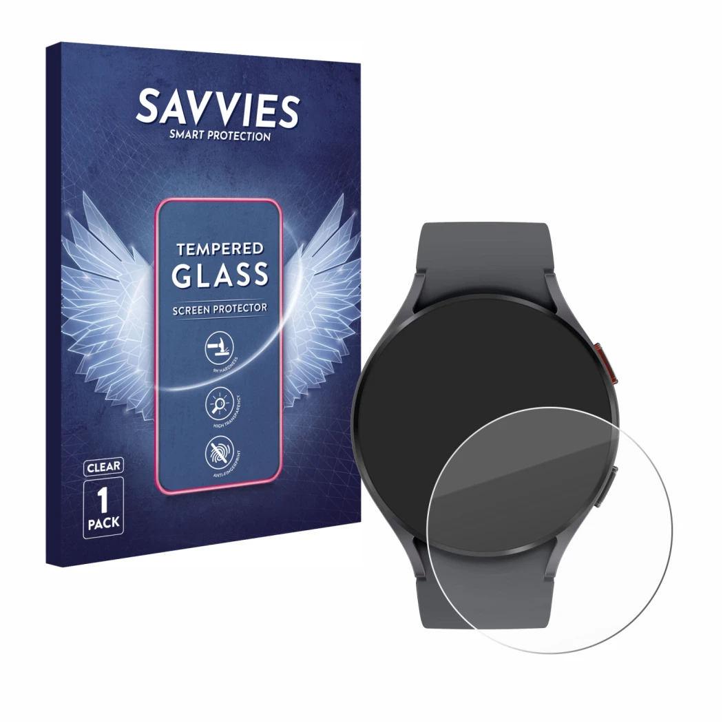 Front side of a product packaging with the brand logo Savvies. Next to it is the device Samsung Galaxy Watch 5 (44mm) shown wi