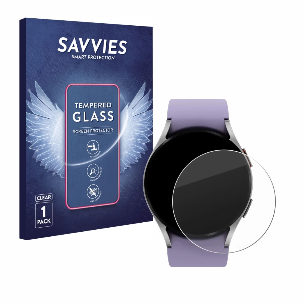 Front side of a product packaging with the brand logo Savvies. Next to it is the device Samsung Galaxy Watch 5 (40mm) shown wi