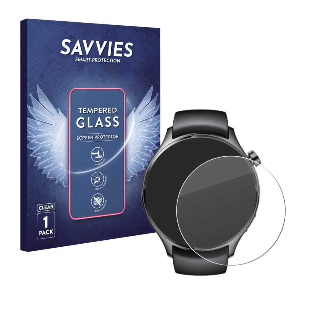 Front side of a product packaging with the brand logo Savvies. Next to it is the device Xiaomi Watch S1 Pro shown with the cor