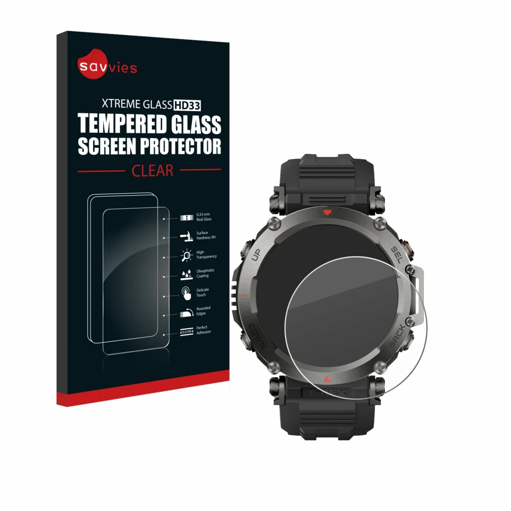 Front side of a product packaging with the brand logo Savvies. Next to it is the device Huami Amazfit T-Rex Ultra shown with t